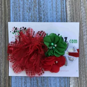 Vincha con Flores y Lazo Roja, Verde y Plateado Joy