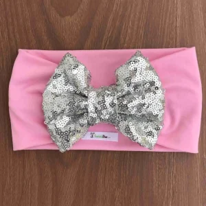 Vincha Rosada Turbante con Lazo Plateado de Lentejuelas Alondra