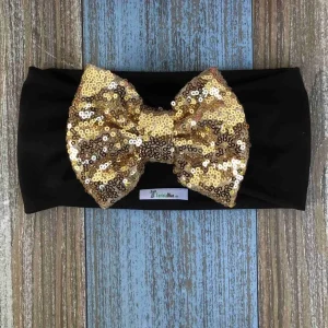 Vincha Turbante Negra con Lazo Dorado de Lentejuelas Alondra