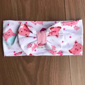 Vincha Blanca de Cerditos Estampada Turbante con Lazo