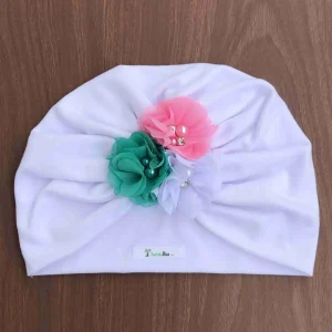 Turbante Blanco de Flores Blanco, Rosado y Menta