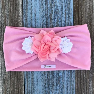 Vincha Rosado y Blanco Turbante con 3 Flores