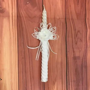 Vela Torneada Blanca con Flores y Perlas para Bautizo o Primera Comunión Antonella