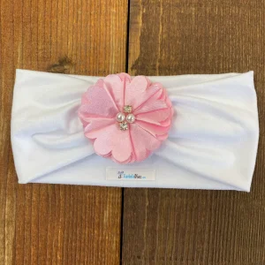 Vincha Turbante Blanca con Flor Rosada