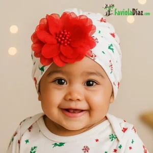 Turbante Navideño Rojo de Renos Con Flor
