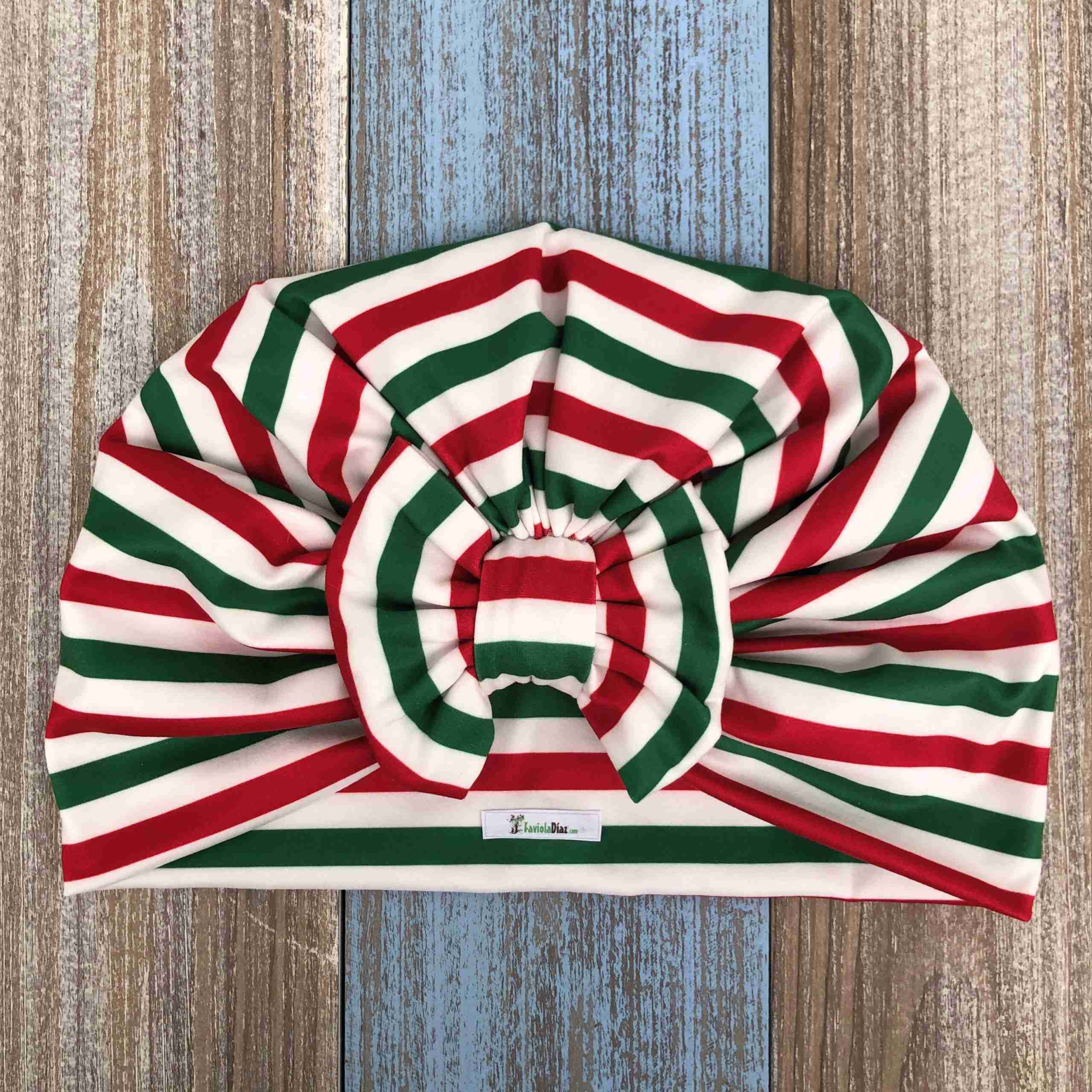 Turbante Rojo, Verde y Blanco de Rayas con Lazo 1 Turbante Rojo, Verde y Blanco de Rayas con Lazo