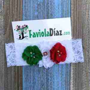 Vincha Blanca De Encaje Con Flores Roja, Verde Y Blanco