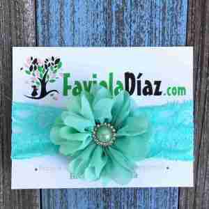 Vincha Menta de Encaje con Flor Alesandra