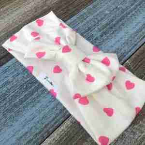 Vincha Blanca de Corazones Rosados Estampada Turbante con Lazo 2
