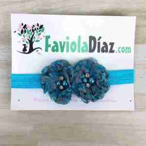 Vincha Turquesa con Flores Bianca
