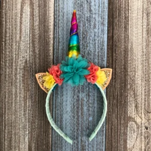 Diadema de Unicornio Menta, Anaranjado y Amarillo con Flores