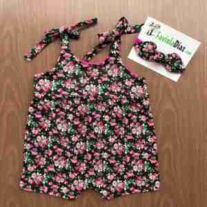 Set de Vincha y Overol Corto Fucsia y Negro Floreado