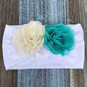 Vincha Blanca, Beige y Turquesa Turbante con 3 Flores Beatrix