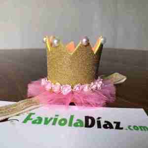 Vincha Corona Dorada y Rosada de Cumpleaños con Perlas