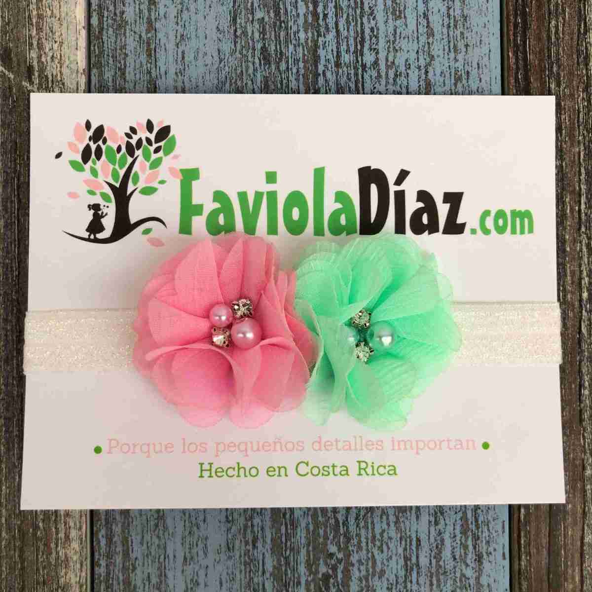Vincha Rosada y Menta con Flores Bianca 1 Vincha Rosada y Menta con Flores Bianca