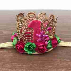 Vincha Corona Dorada, Fucsia y Verde de Cumpleaños