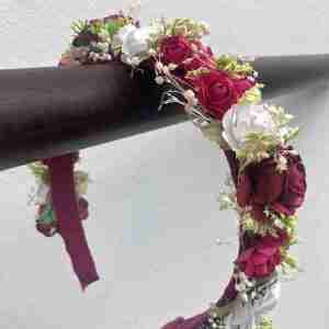 Diadema Vino, Blanco y Roja con Flores
