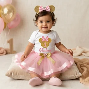 Set de Diadema Tutu y Mameluco Rosado y Dorado de Minnie