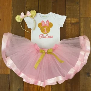 Set de Diadema Tutu y Mameluco Rosado y Dorado de Minnie