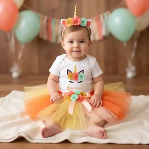 Set de Mameluco Tutu y Diadema Dorado Coral y Menta de Unicornio
