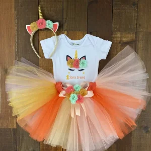 Set de Mameluco Tutu y Diadema Dorado Coral y Menta de Unicornio 2