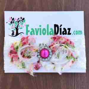 Vincha Beige y Fucsia de Encaje con Flores y Perla Beverly