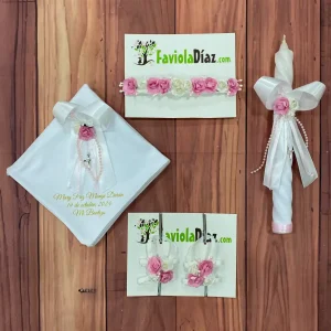 Set de Bautizo Blanco y Rosado con Flores Berenice