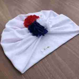 Turbante Blanco de Flores Blanco, Azul y Rojo 2
