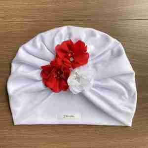Turbante Blanco de Flores Rojas y Blanco