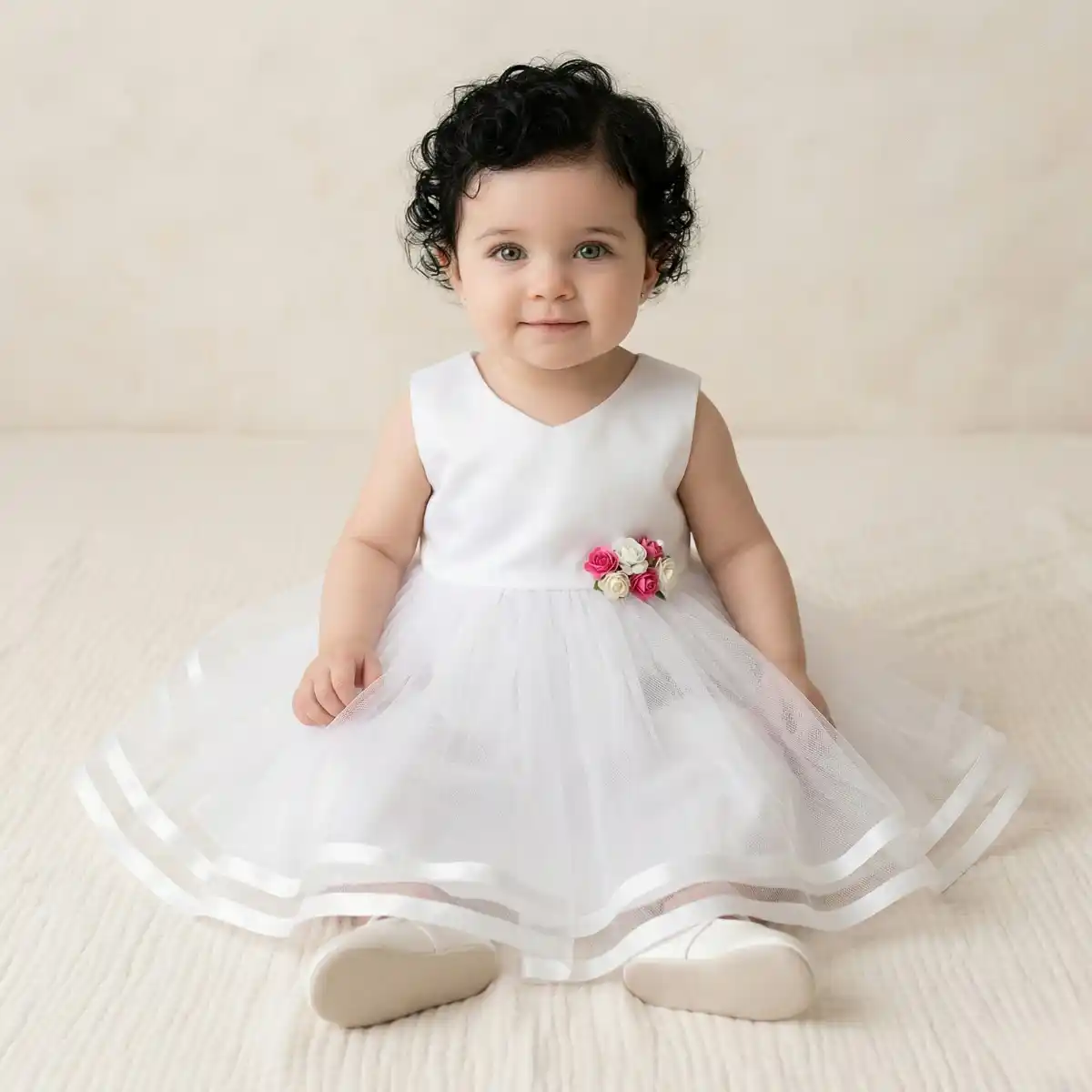 Vestido Blanco Adamaris con Prendedor Rosado 1 Vestido Blanco Adamaris con Prendedor Rosado