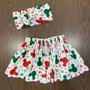 Set de Vincha y Falda Roja, Verde y Blanca Alusiva a Mickey