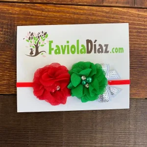 Vincha Roja y Verde con Flores y Lazo Plateado