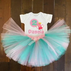 Set de Tutu y Mameluco Rosado y Turquesa Alusivo a Peppa Pig