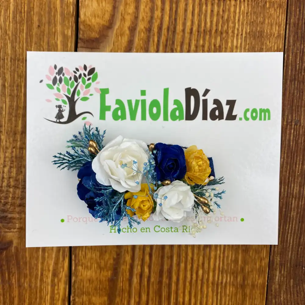 Corsage de Flores Azul, Dorado y Blanco 1 Corsage de Flores Azul, Dorado y Blanco