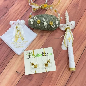 Set de Bautizo Blanco y Dorado con Flores y Perlas Courtney