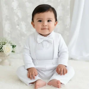 Conjunto de Bautizo Blanco para Niño con Pantalón y Mameluco Manga Larga