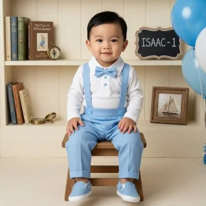 Conjunto de Bautizo Blanco y Celeste para Niño con Pantalón y Mameluco Manga Larga