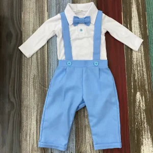 Conjunto de Bautizo Blanco y Celeste para Niño con Pantalón y Mameluco Manga Larga