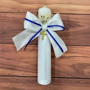 Vela Capitolio Blanca y Azul con Lazo para Bautizo o Primera Comunión