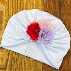 Turbante Blanco de Flores Rojo, Rosado y Lila