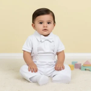 Conjunto de Bautizo Blanco para Niño con Pantalón y Mameluco Manga Corta