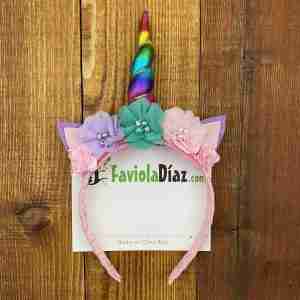Diadema de Unicornio Rosada, Lila y Turquesa con Flores
