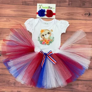 Set de Vincha Beverly Tutu Blanco, Azul y Rojo y Mameluco con Mangas Bombachas con Perezoso