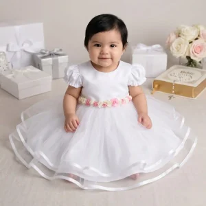 Vestido Blanco y Rosado para Bautizo Berenice con Mangas