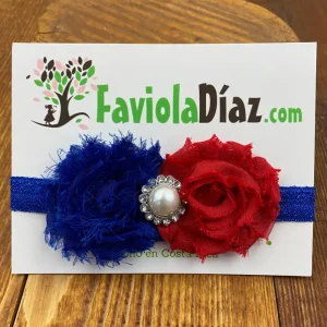 Vincha Azul con Flores Azul, Rojo y Perla Beverly