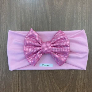 Vincha Rosada Turbante con Lazo de Puntos Plateados