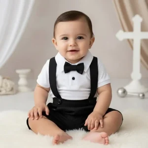 Conjuntos de Bautizo Blanco con Negro para Niño con Short y Mameluco Manga Corta