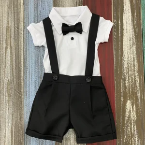 Conjuntos de Bautizo Blanco con Negro para Niño con Short y Mameluco Manga Corta 2