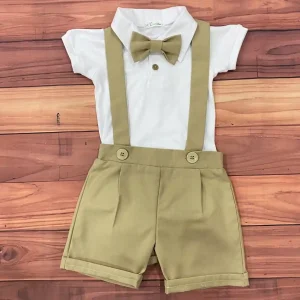 Conjunto de Bautizo Blanco con Beige para Niño con Short y Mameluco Manga Corta 2