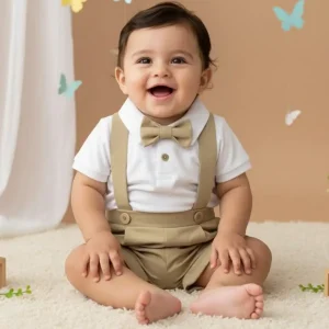 Conjunto de Bautizo Blanco con Beige para Niño con Short y Mameluco Manga Corta